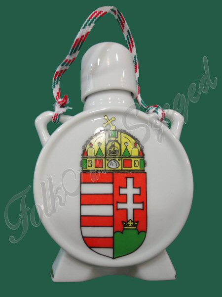 676. Porcelán, címeres közepes kulacs "Hungary" felirattal, kalocsai motívummal